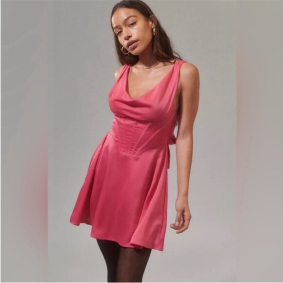 Urban Outfitters | Helena Corset Mini Dress Hot Pink Rose New Small Party Satin - Picture 1 of 7